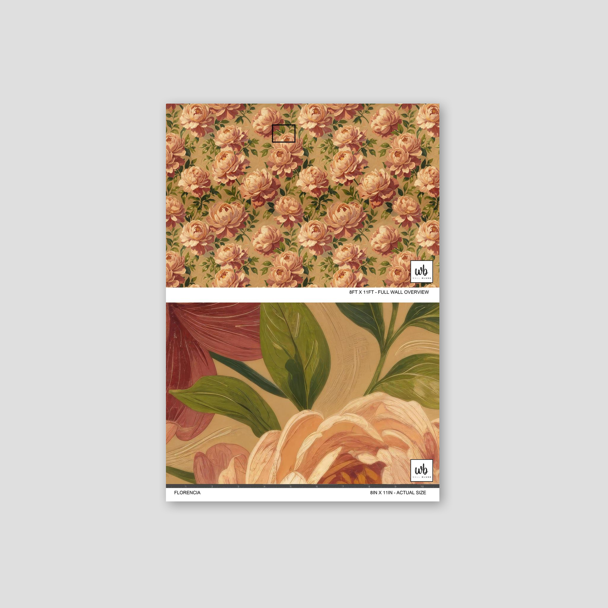 Florencia wallpaper with blush peonies and green leaves on a muted backdrop.
