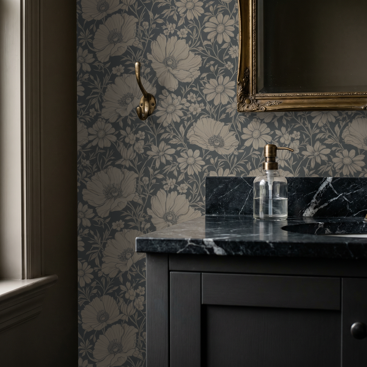 Elegant floral wallpaper in a bathroom with dark vanity and gold accents.