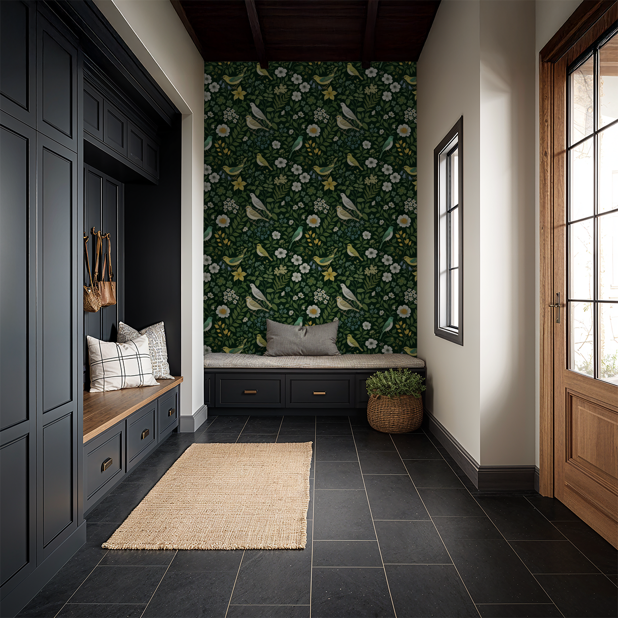 Forest green wallpaper with floral and bird motifs in a cozy entryway.