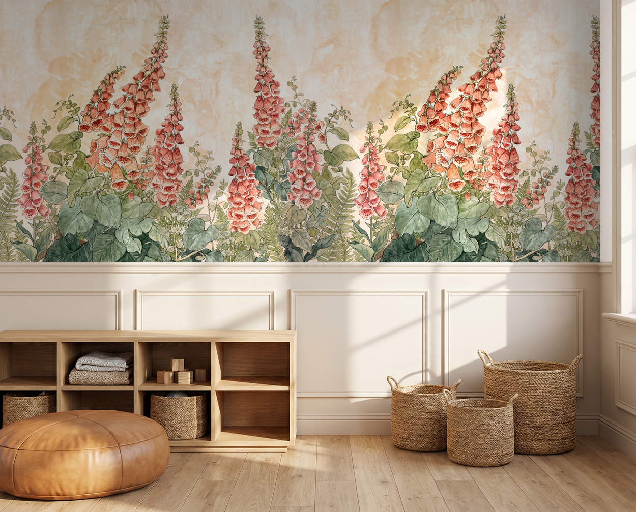 Foxglove Hill wallpaper with coral blooms in a sunlit room with baskets and wood accents.