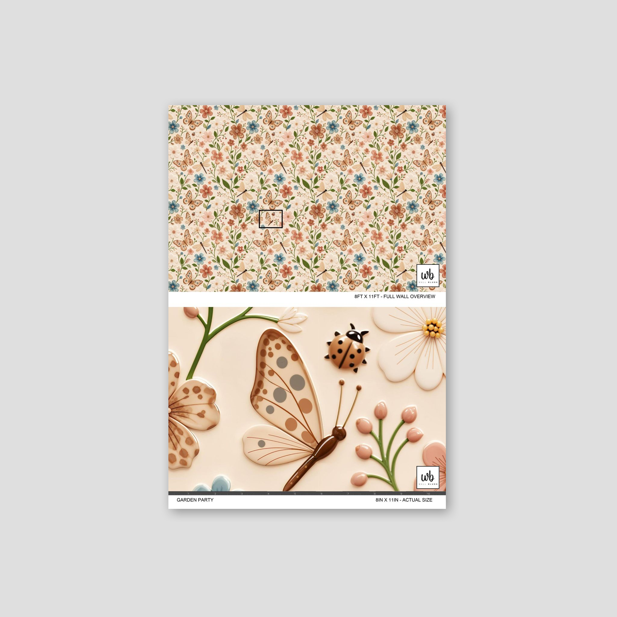 Floral wallpaper with butterflies and flowers in pink, blue, and brown on cream background.