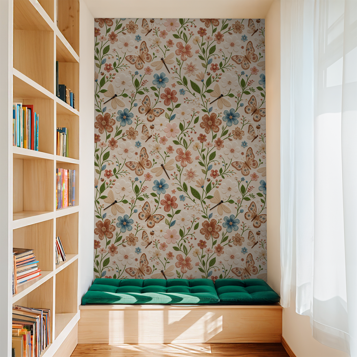 Floral wallpaper with butterflies and dragonflies in a cozy reading nook.