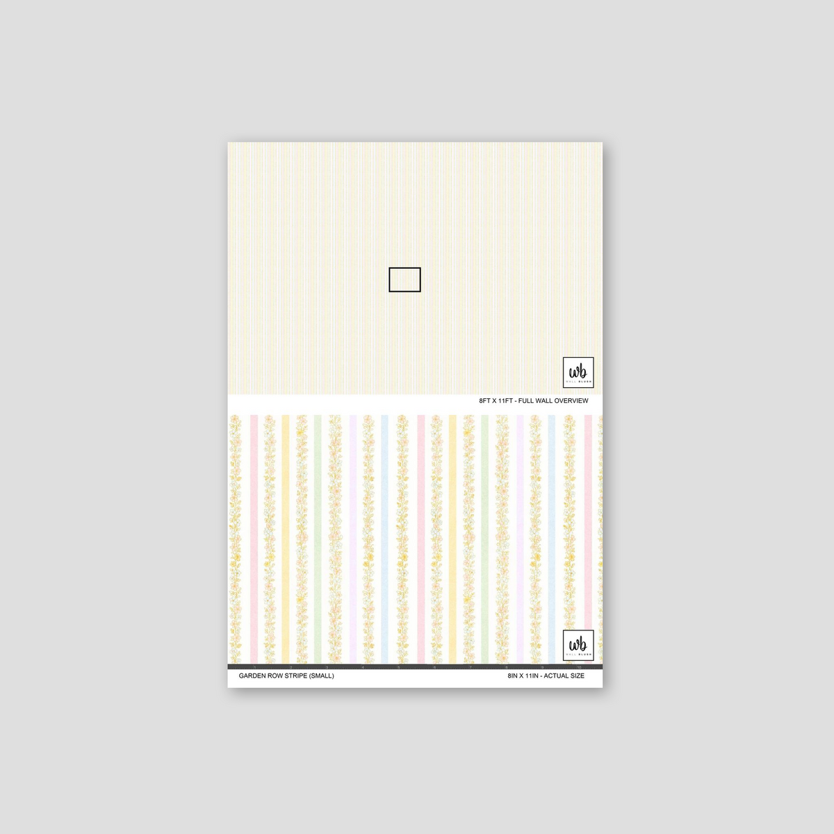 Garden Row Stripe wallpaper with pastel floral vertical stripes sample.