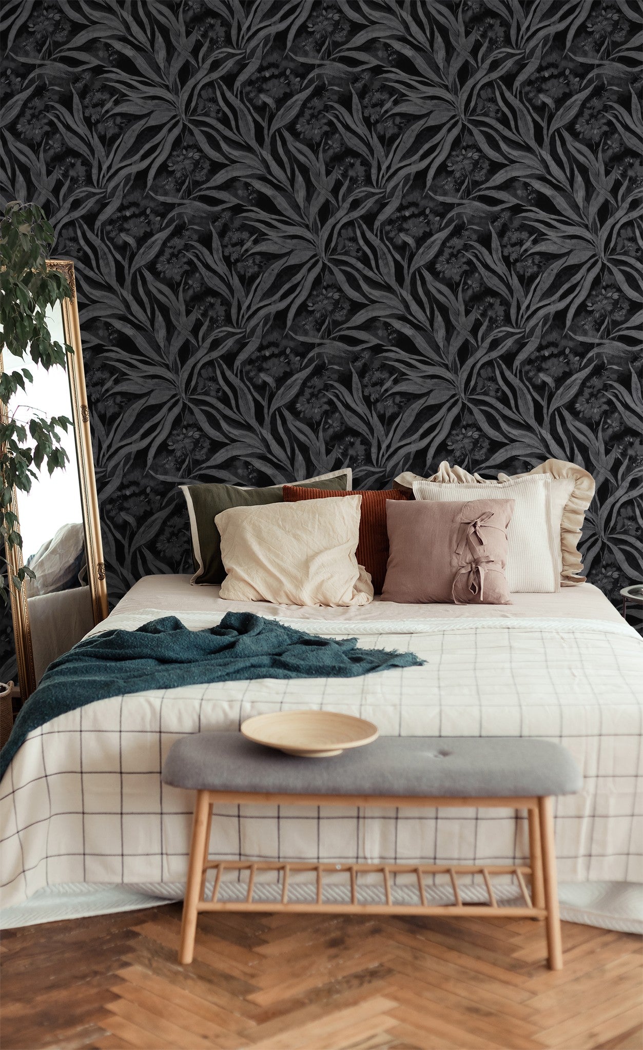 Gardenia Glades wallpaper with monochrome foliage in cozy bedroom setting