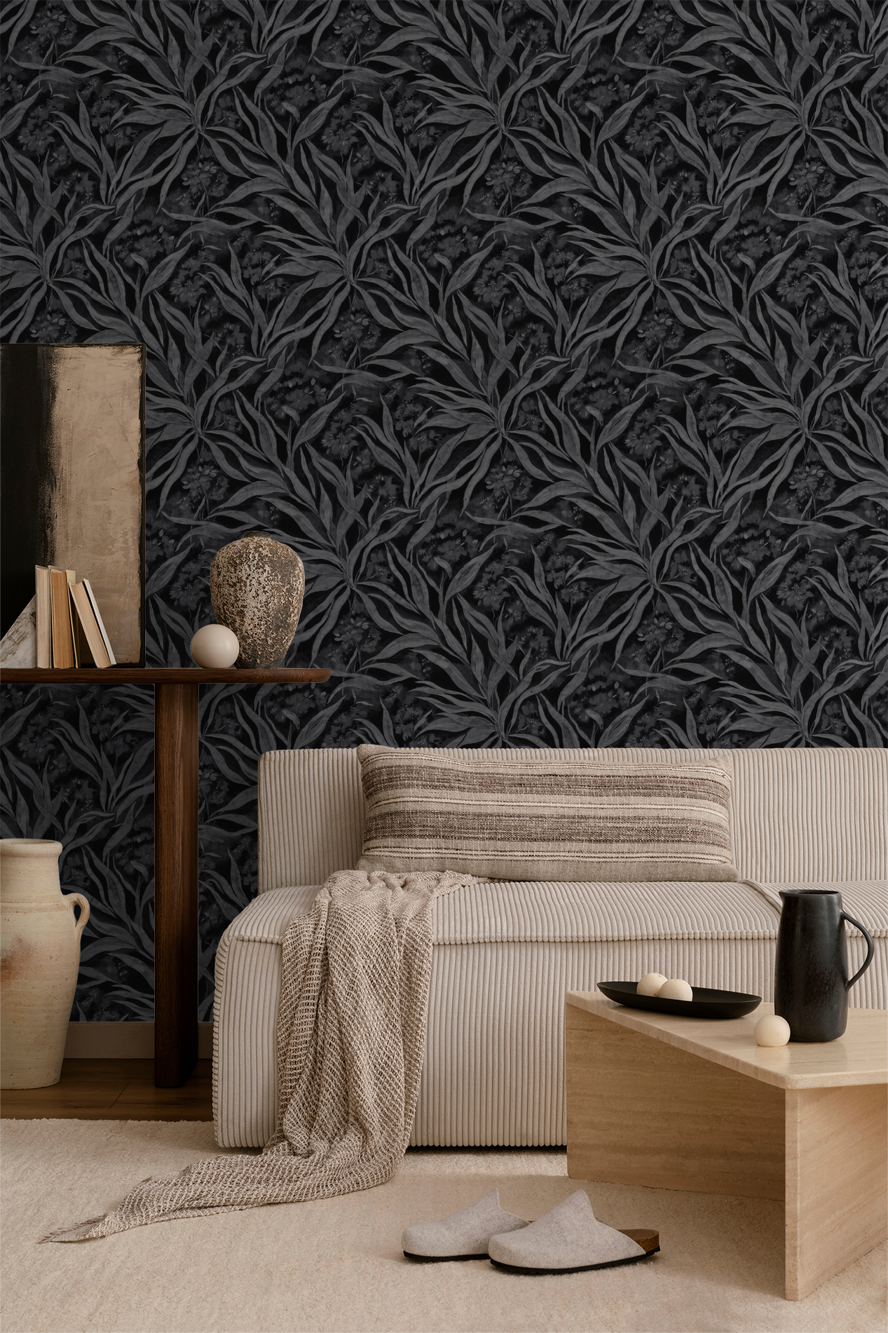 Gardenia Glades wallpaper with monochrome foliage in a modern living room.