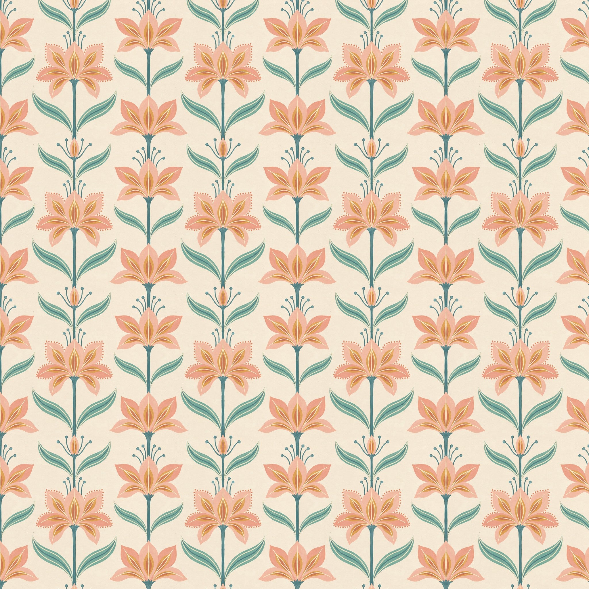 Gardenza wallpaper with coral floral pattern on creamy background