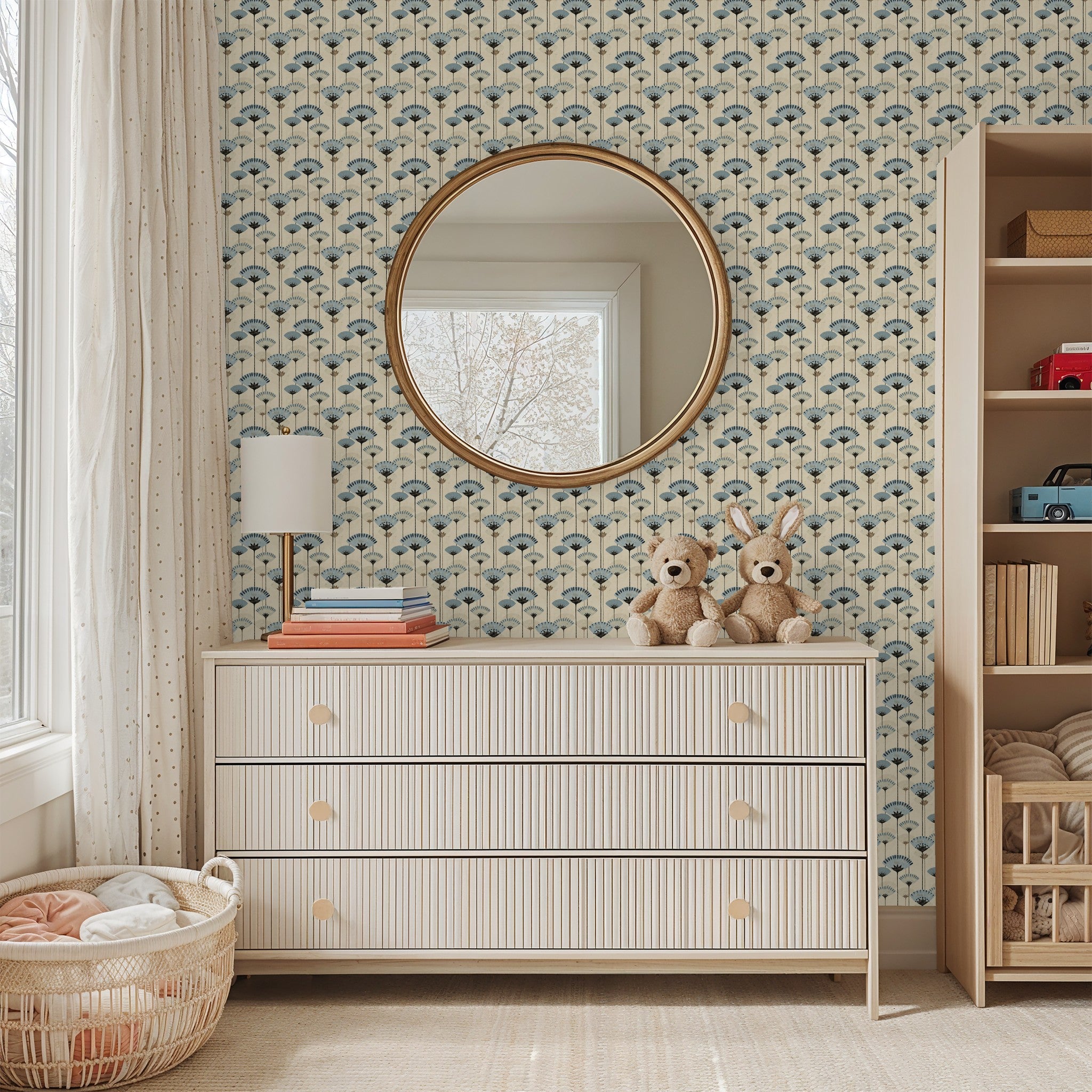 Gilded Petals wallpaper with blue and charcoal floral pattern in a cozy nursery.