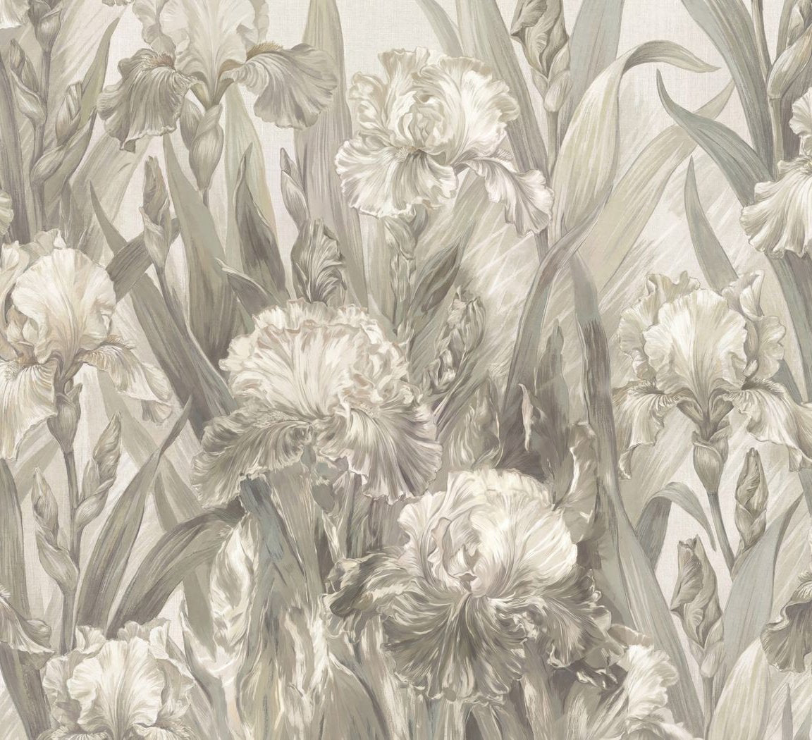 Elegant floral wallpaper with irises and greenery in muted tones.