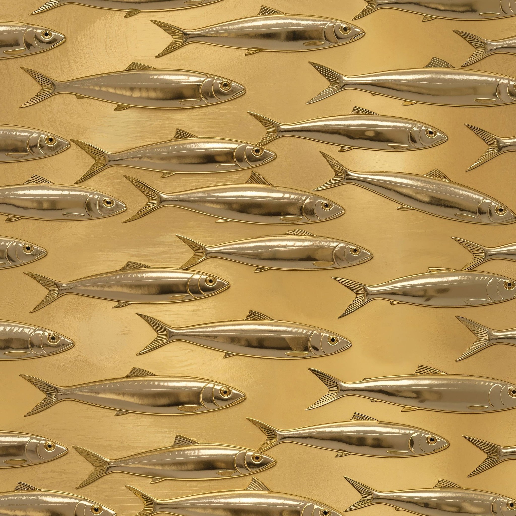 Golden fish pattern wallpaper with metallic sheen on a lustrous surface.