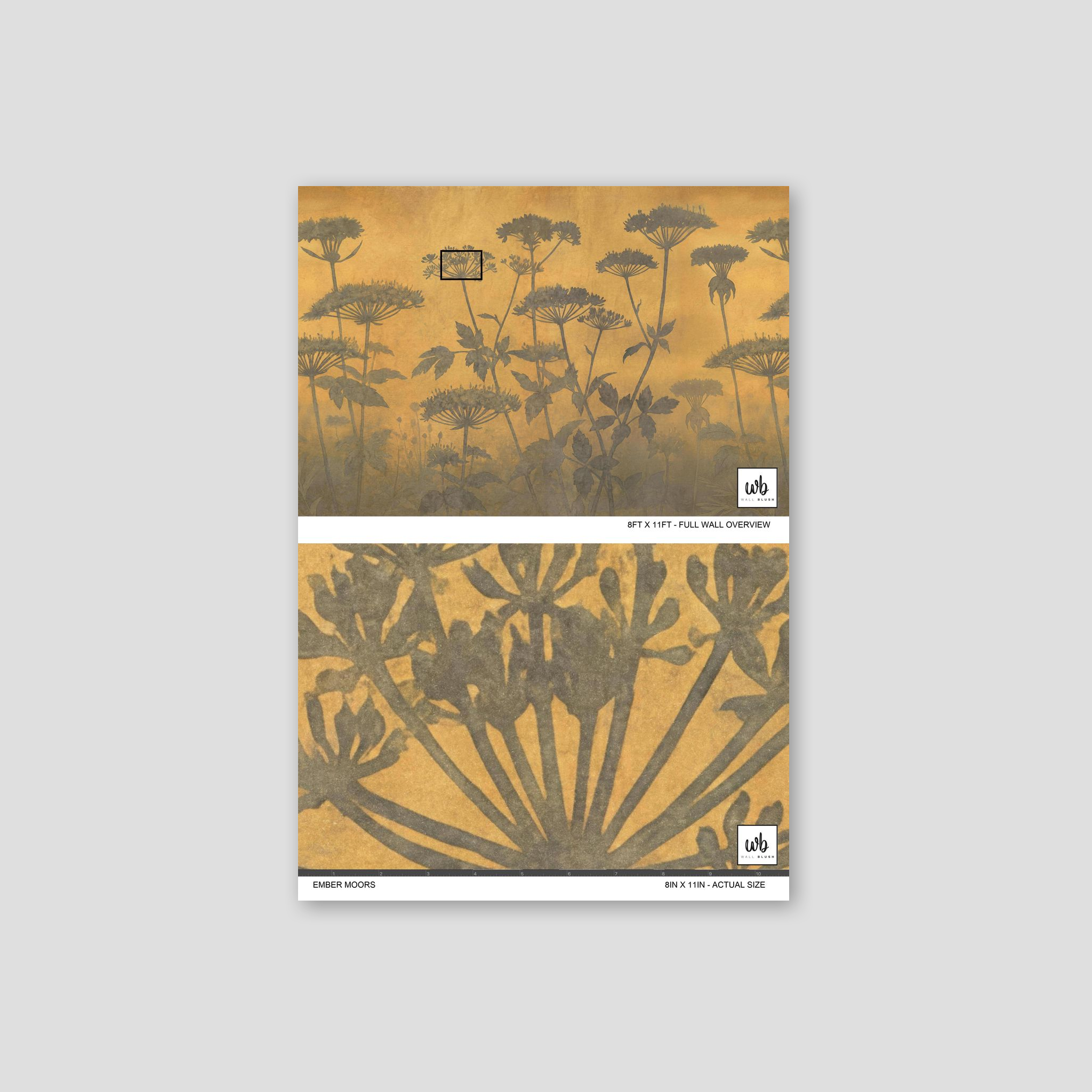 Golden floral wallpaper with delicate silhouettes, evoking a serene garden at dusk.