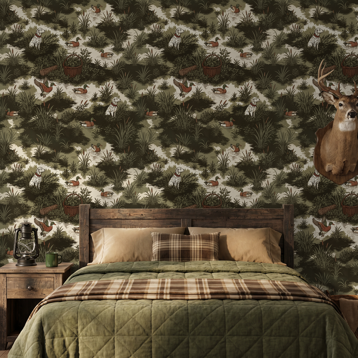 Rustic bedroom with Good Companion wallpaper featuring ducks and dog in nature scene.