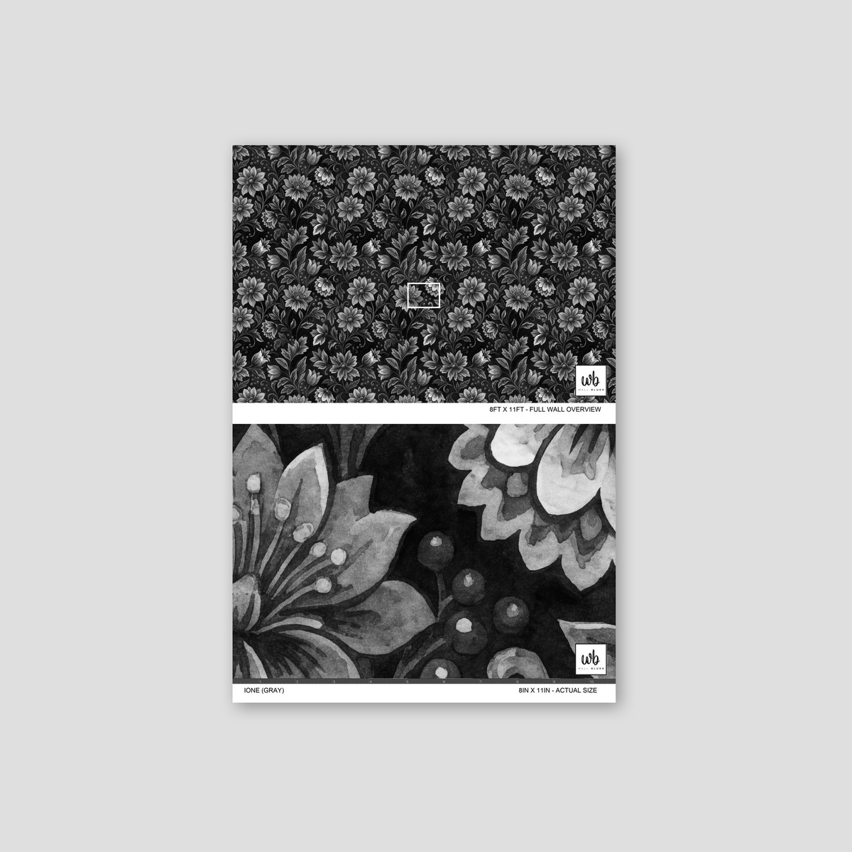 Gray floral wallpaper with intricate botanical patterns on a dark background.