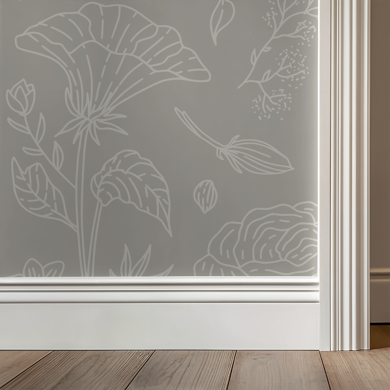 Gray floral wallpaper with ivory outlines in a room setting with wooden floor