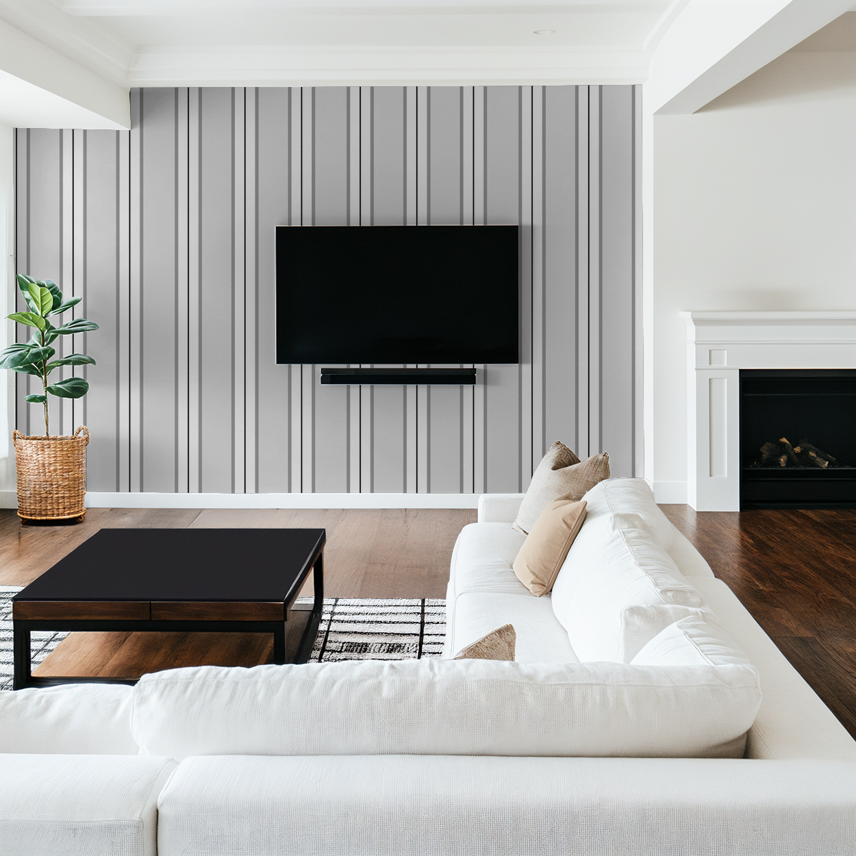 Gray striped wallpaper in modern living room with white sofa and TV.