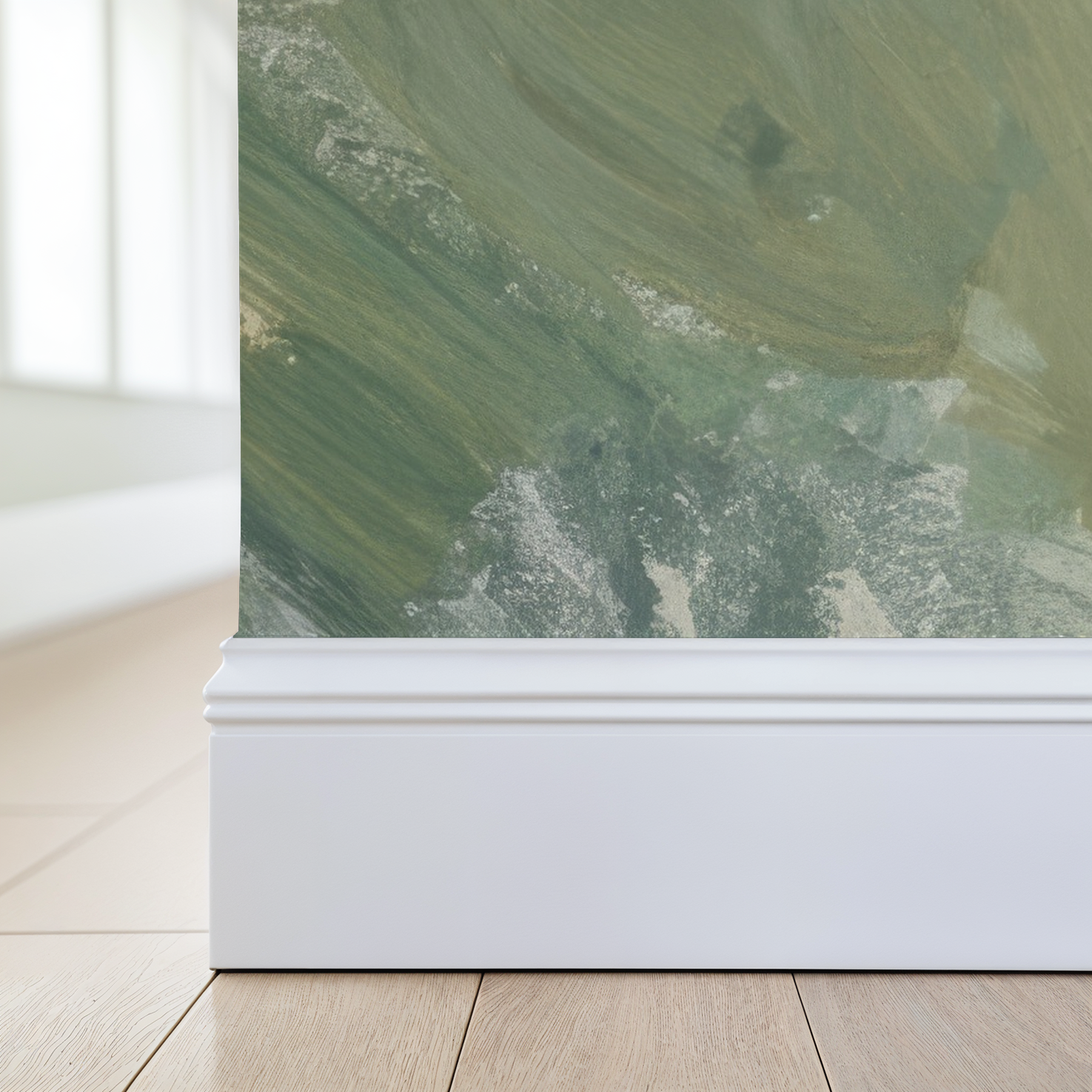 Green abstract wallpaper with nature-inspired pattern in a modern room.