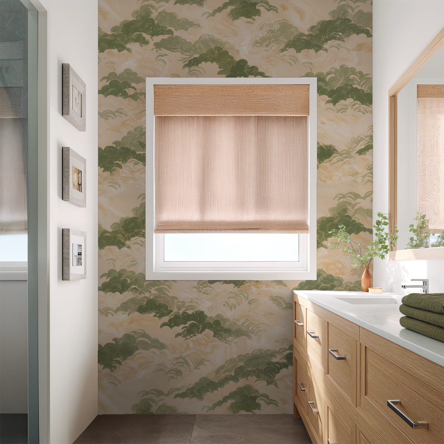 Serene green and cream cloud-patterned wallpaper in modern bathroom setting.