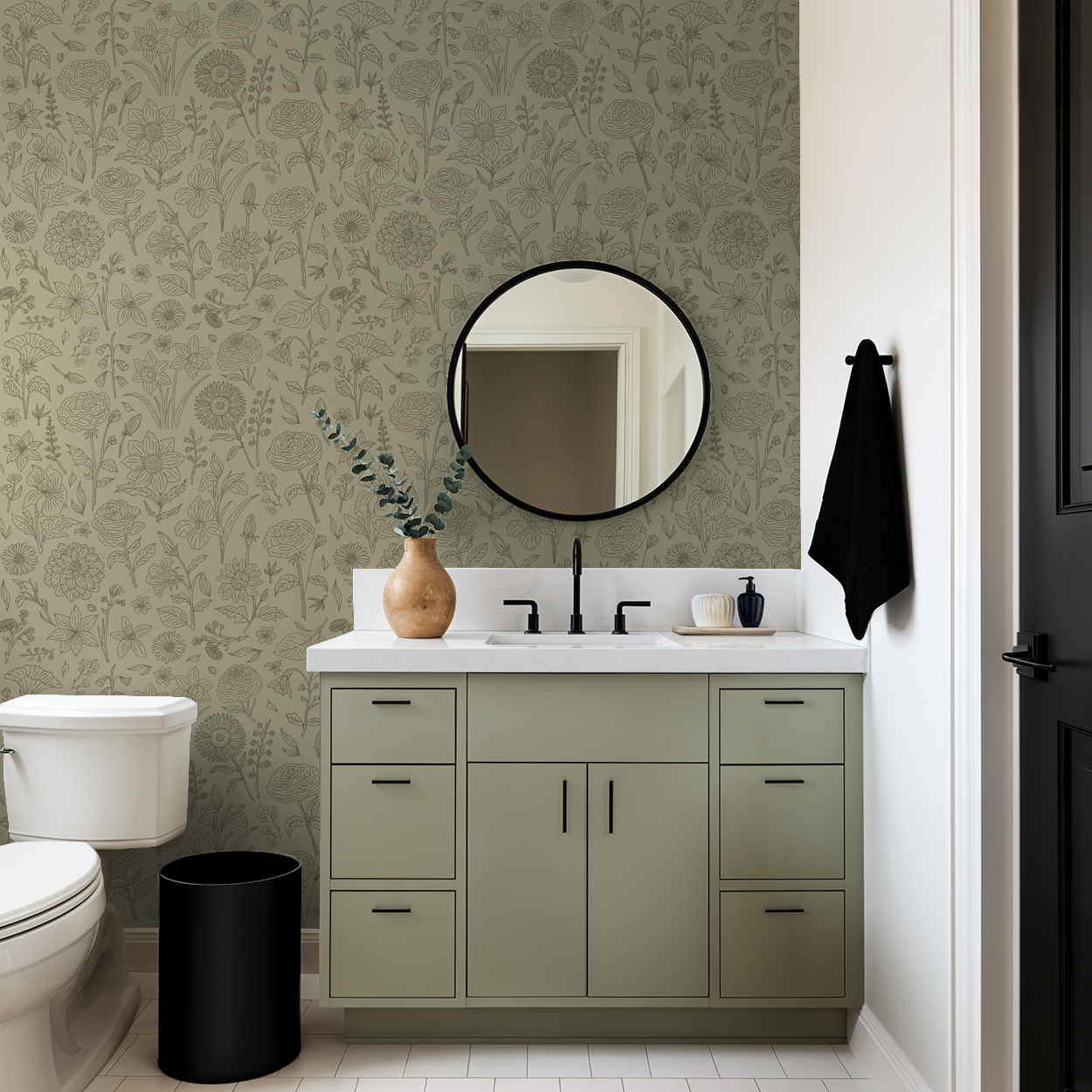 Green floral wallpaper with delicate line-drawn flowers in a modern bathroom setting.
