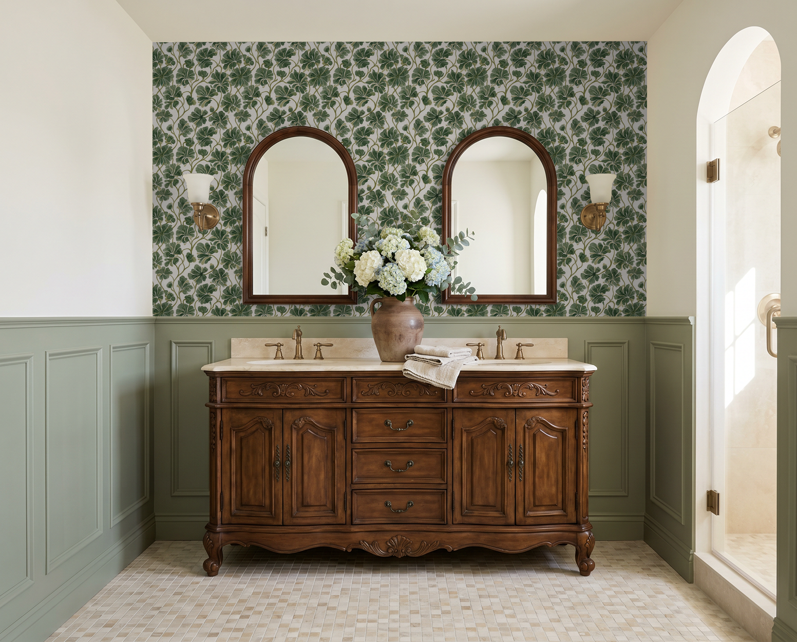 Bathroom with green foliage wallpaper and wooden vanity