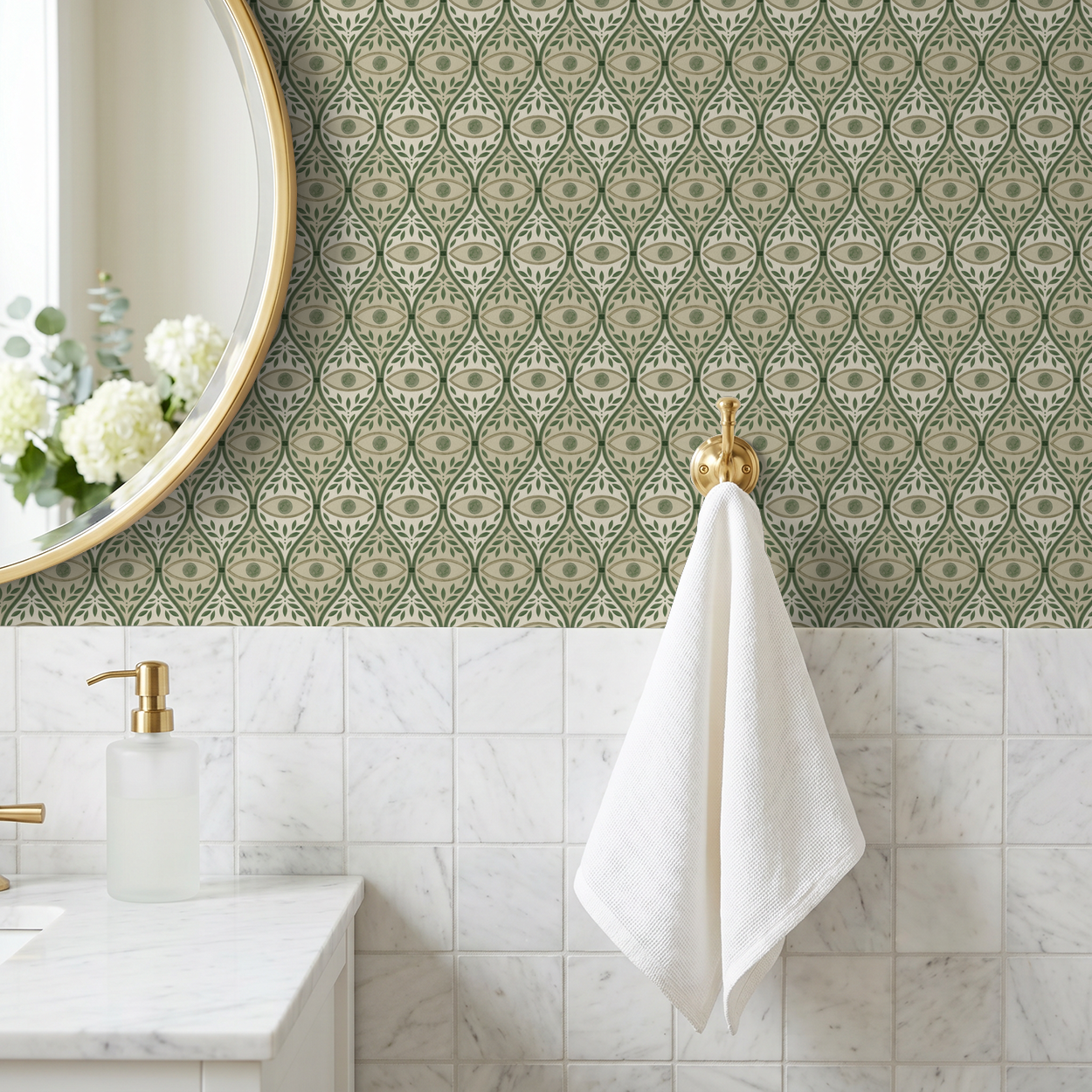 Green geometric floral wallpaper in bathroom with gold fixtures and marble tiles.