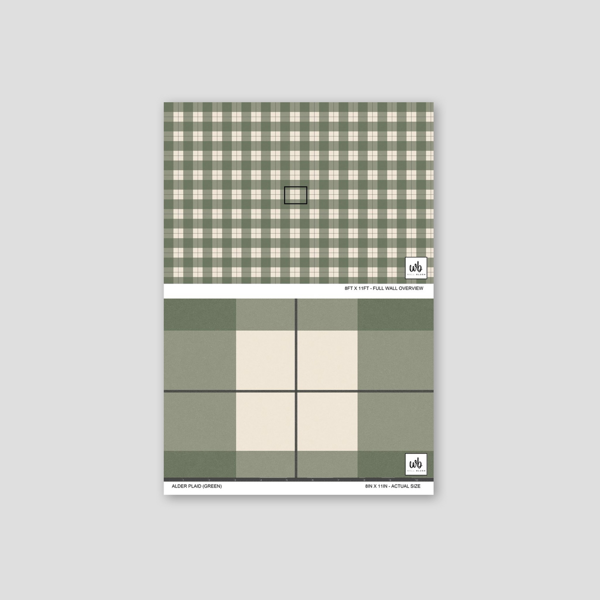 Green plaid wallpaper pattern with muted greens and creams, sample overview.