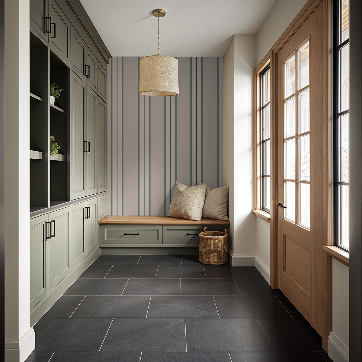Green striped wallpaper in modern entryway with bench and cabinets