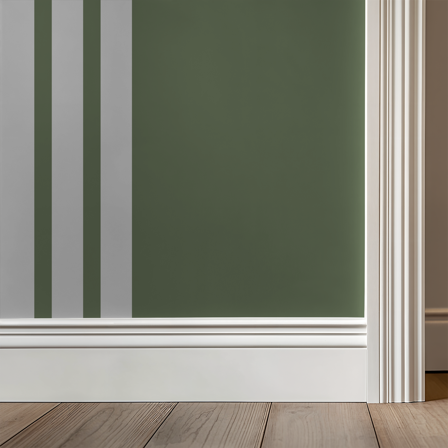 Green striped wallpaper with white trim in modern room setting.