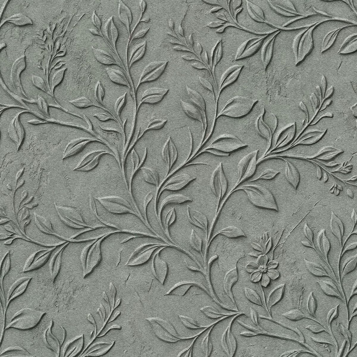 Elegant grey wallpaper with embossed leaf and vine pattern.