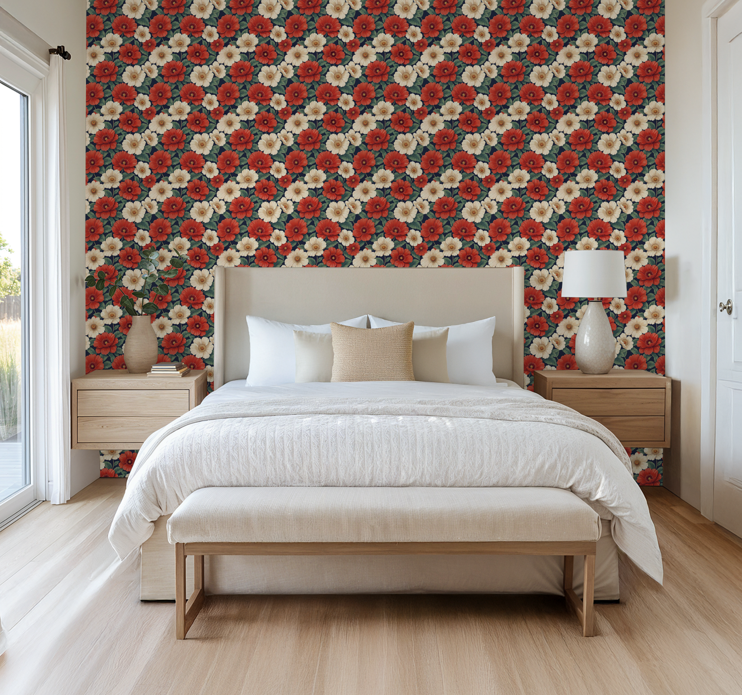 Vibrant floral wallpaper with red and white blooms in a modern bedroom setting.