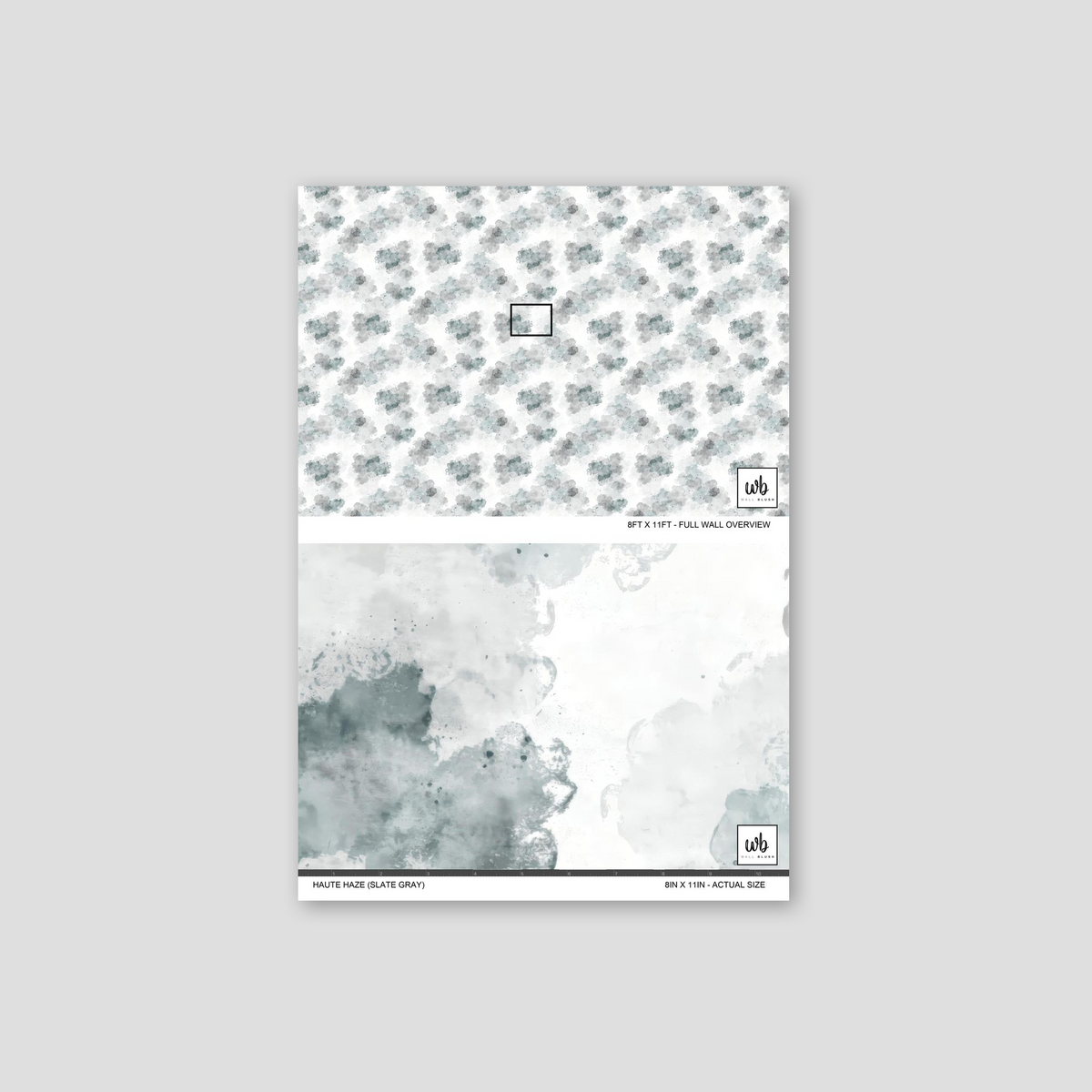 Haute Haze slate gray wallpaper with ethereal cloud pattern in blue and gray tones.