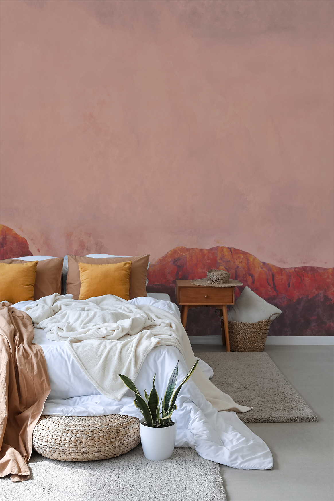 Heart Thief wallpaper with pink and orange desert landscape in cozy bedroom setting.