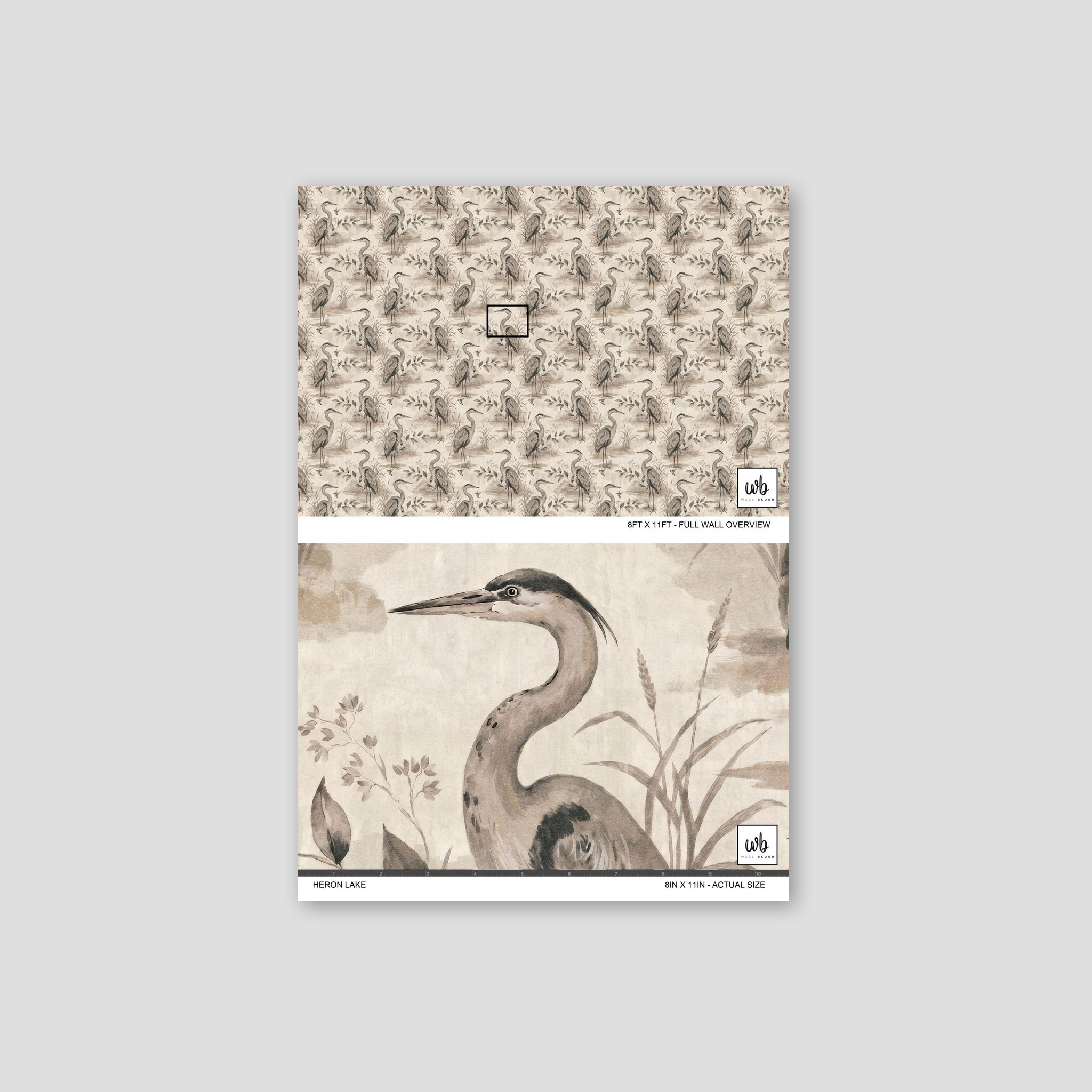 Heron Lake wallpaper with herons and foliage in taupe and sepia tones.