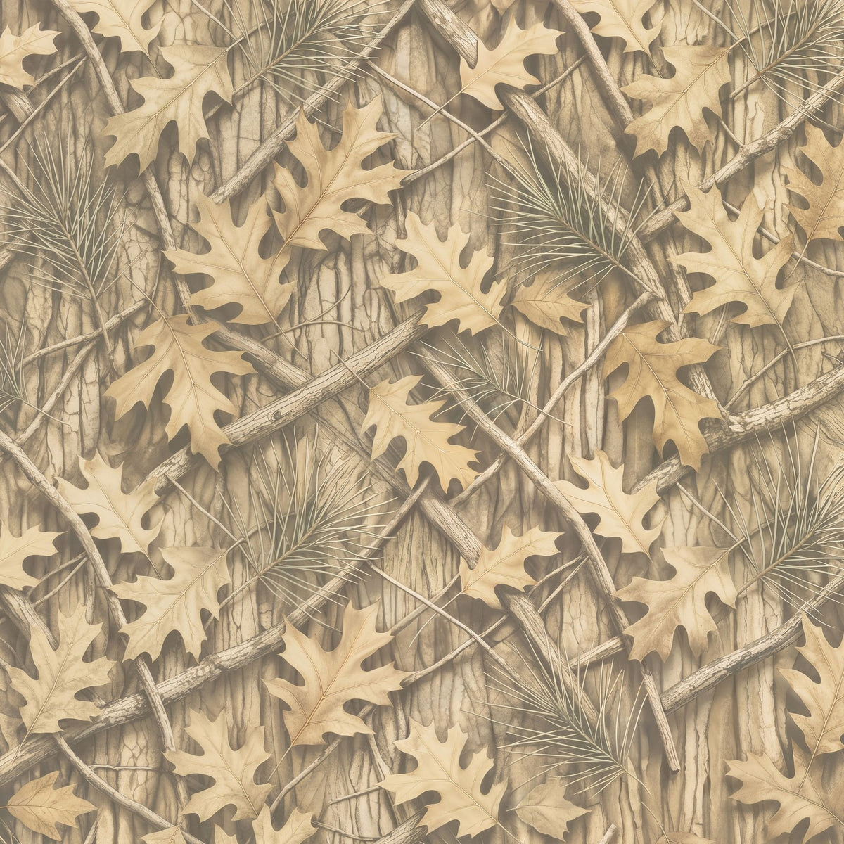 Rustic wallpaper with golden oak leaves, pine needles on aged bark background.