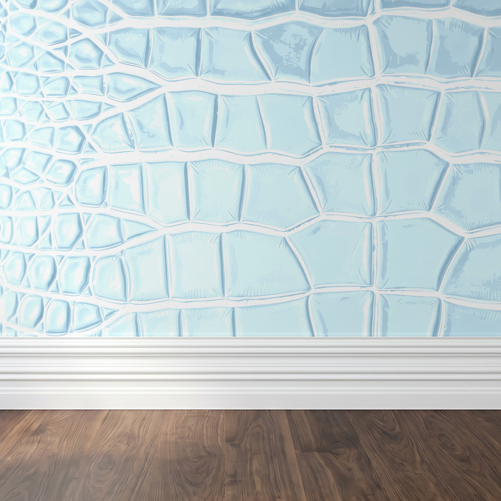 Icy blue reptilian textured wallpaper in modern room with wooden floor