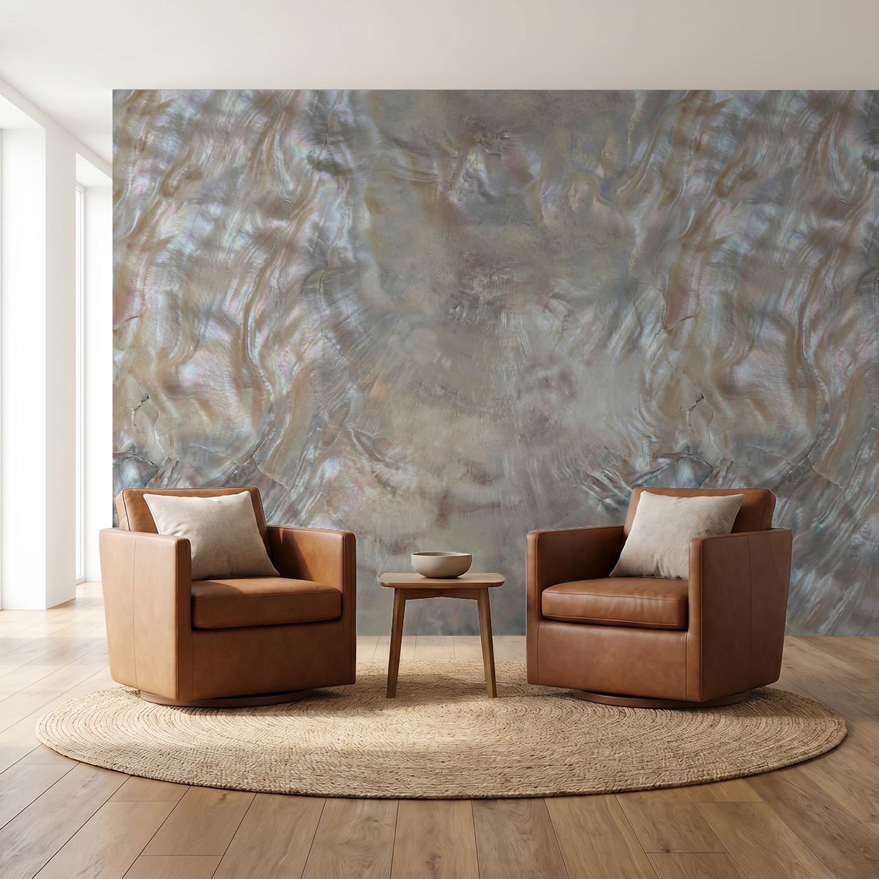 Iridescent textured wallpaper in a modern living room with leather chairs.
