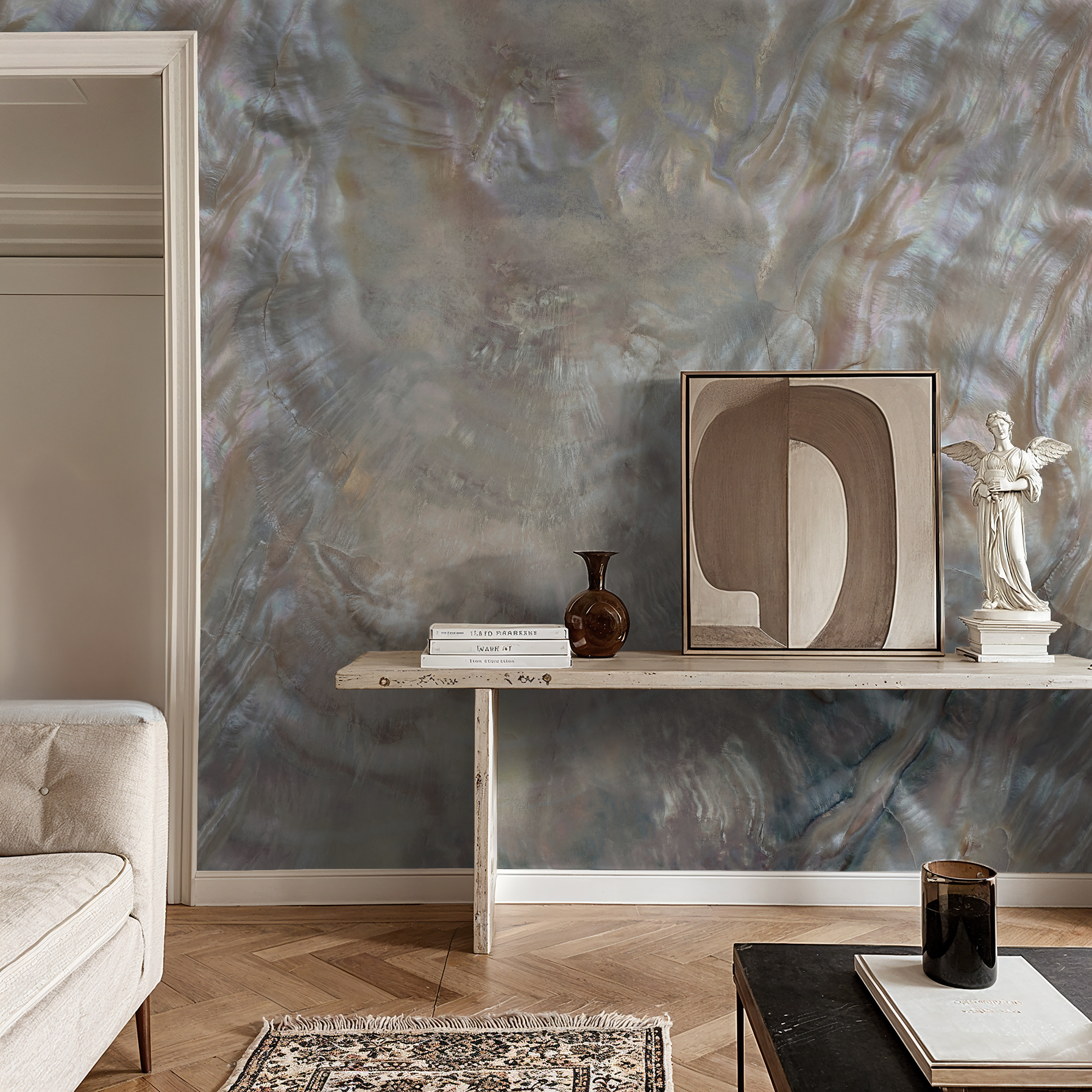 Elegant iridescent wallpaper with soft hues in a modern living room setting.