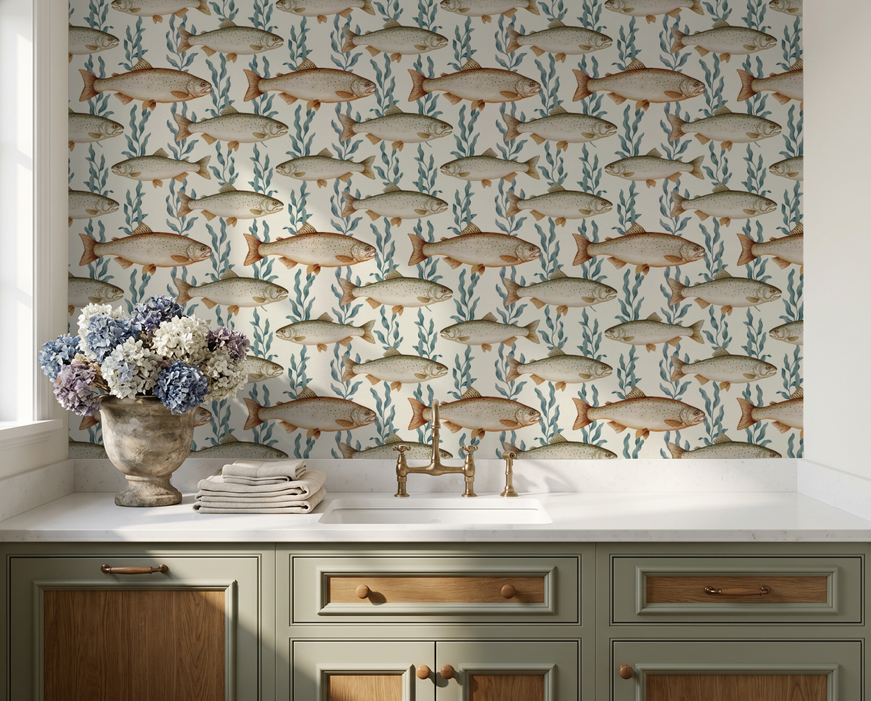 Kelp it Real fish and seaweed wallpaper in a rustic bathroom setting with flowers.
