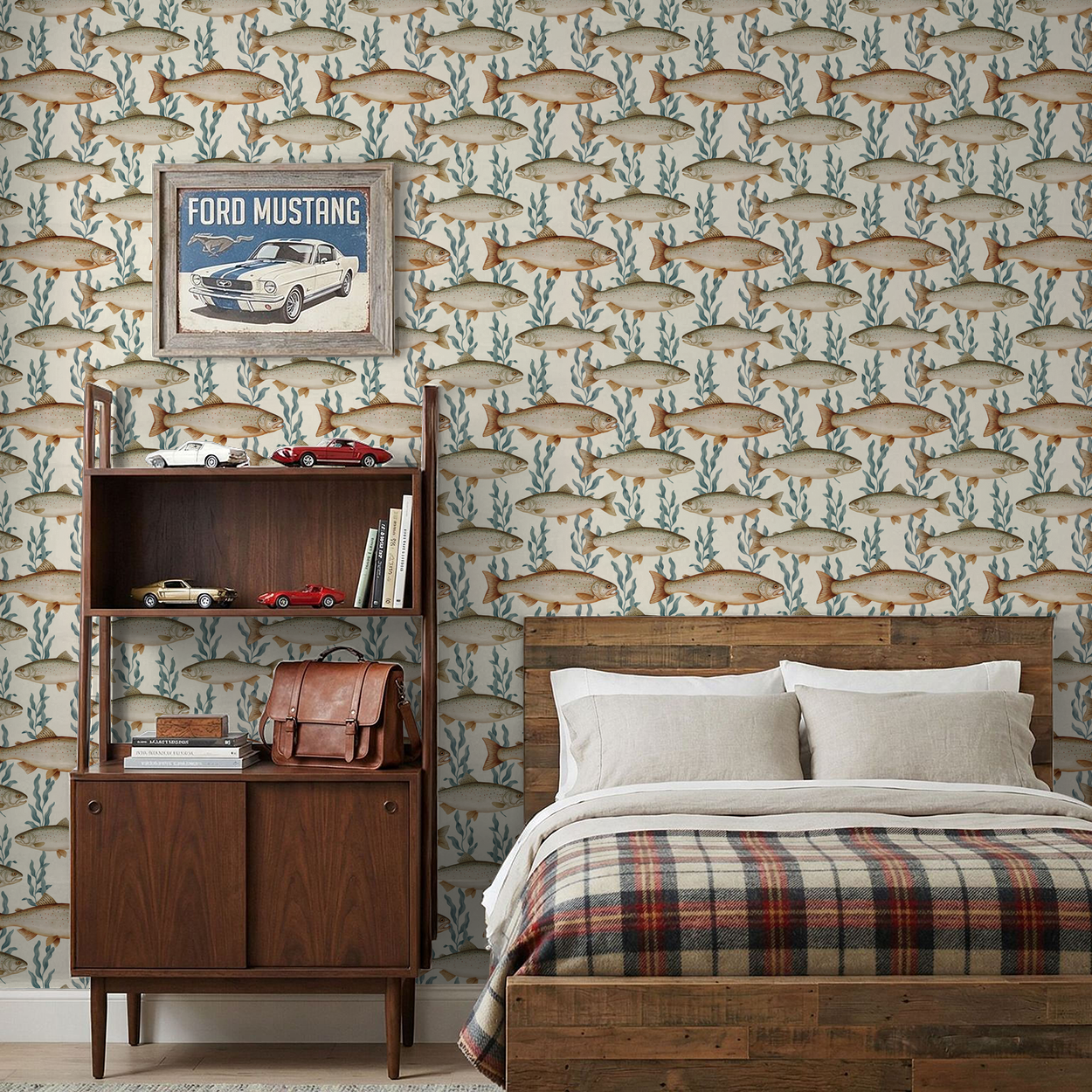 Kelp it Real fish and seaweed wallpaper in rustic bedroom with wooden furniture.