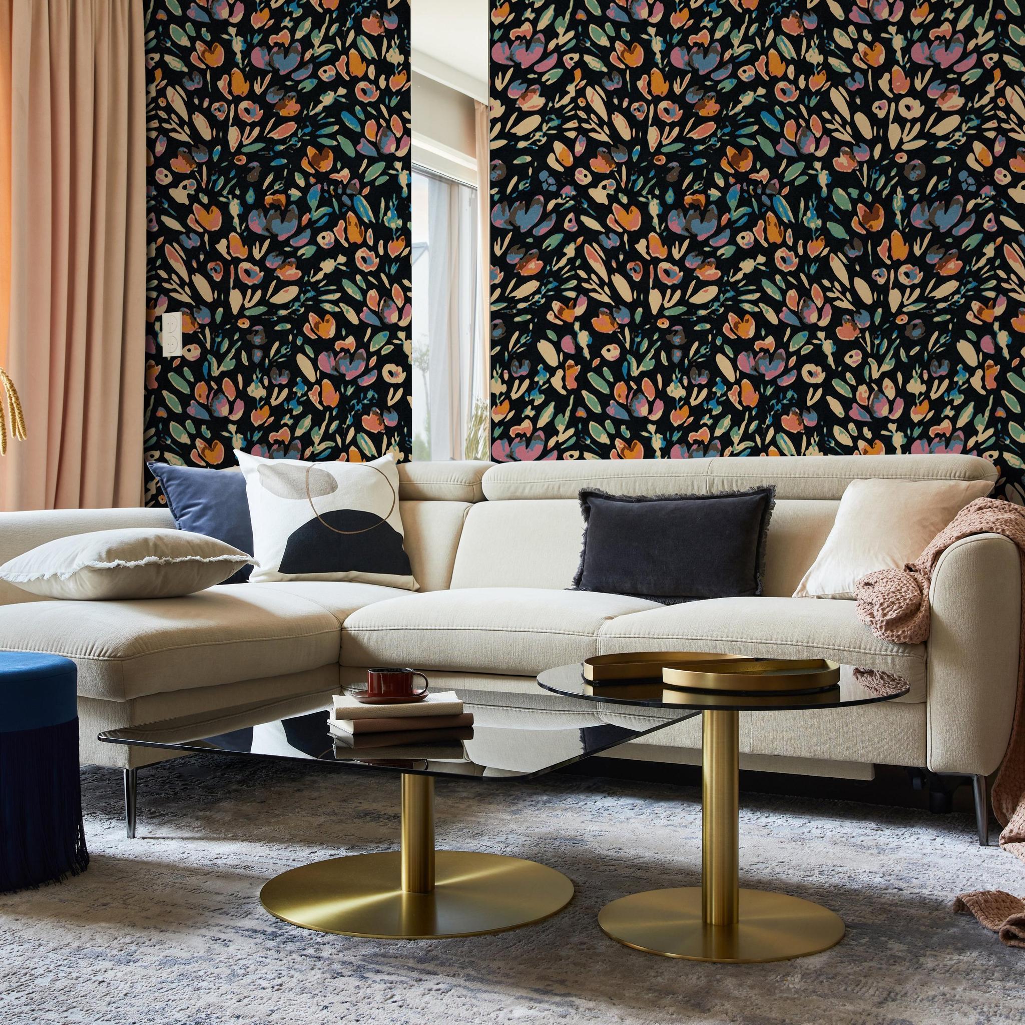 Kit Wallpaper by Wall Blush SG02 in modern living room with floral pattern focus.