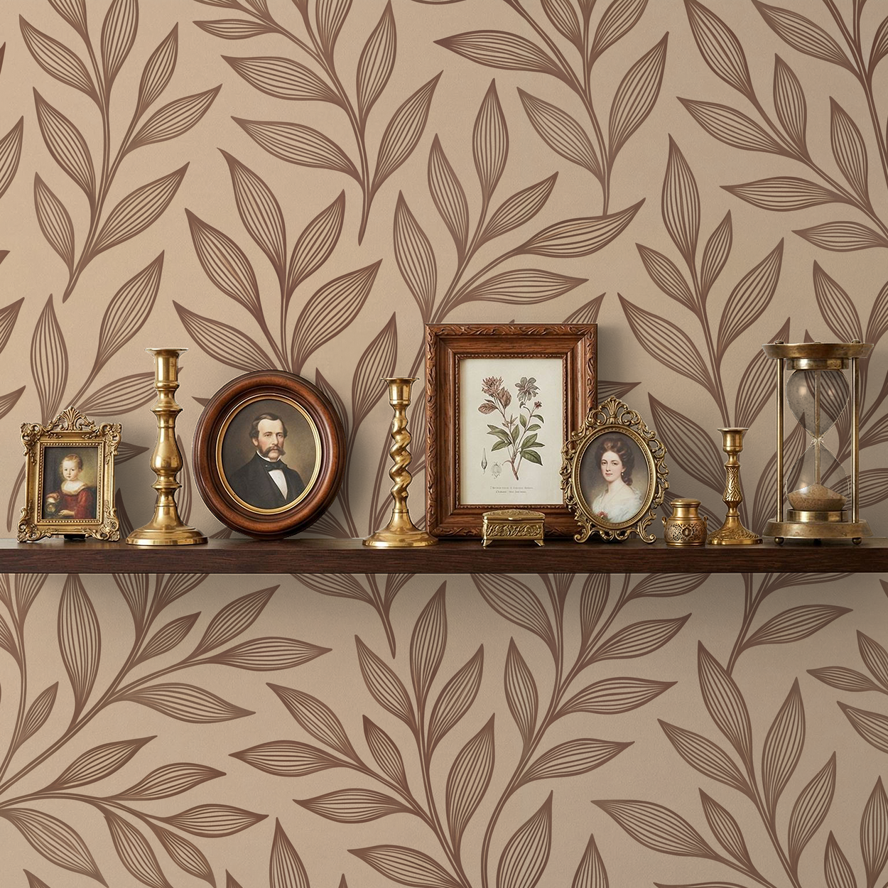La Vid wallpaper with brown vine pattern on beige background behind shelf with vintage decor.