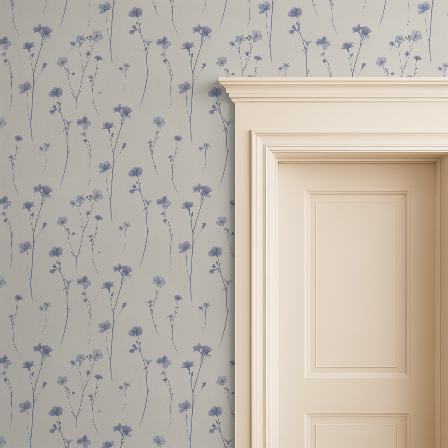 Lavender floral wallpaper with delicate flowers next to a cream door frame.