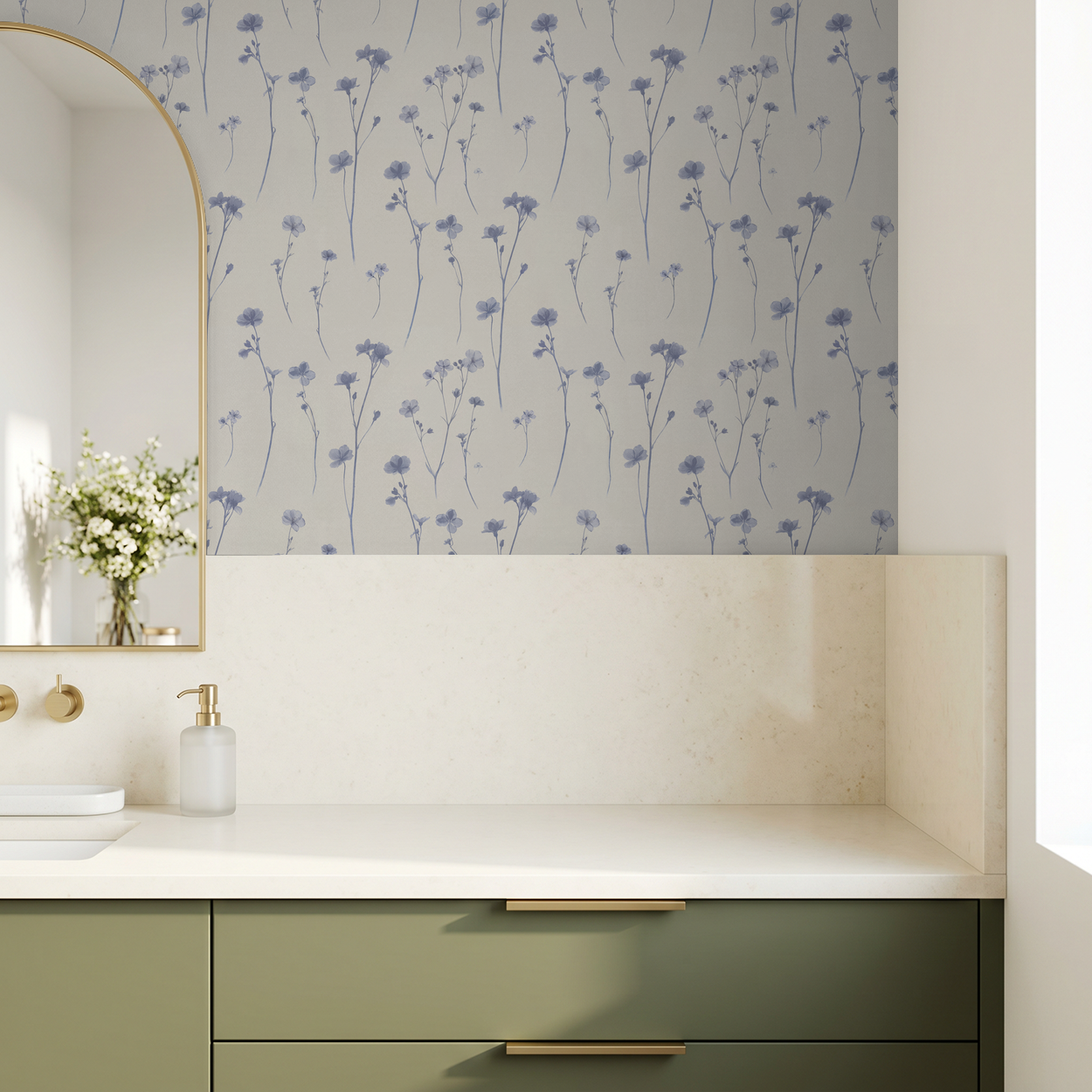 Lavender floral wallpaper in modern bathroom with green vanity