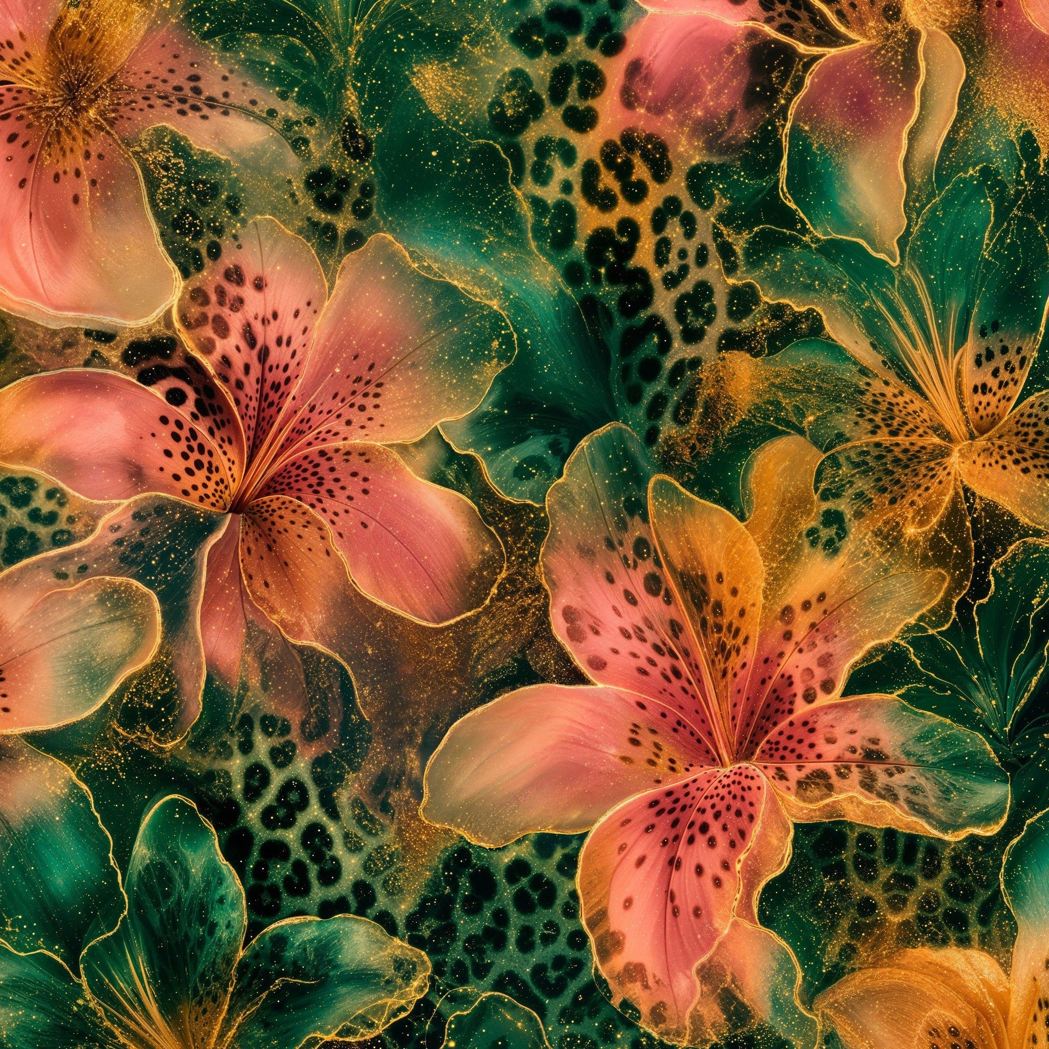 Vibrant floral wallpaper with pink and orange lilies on a green background.