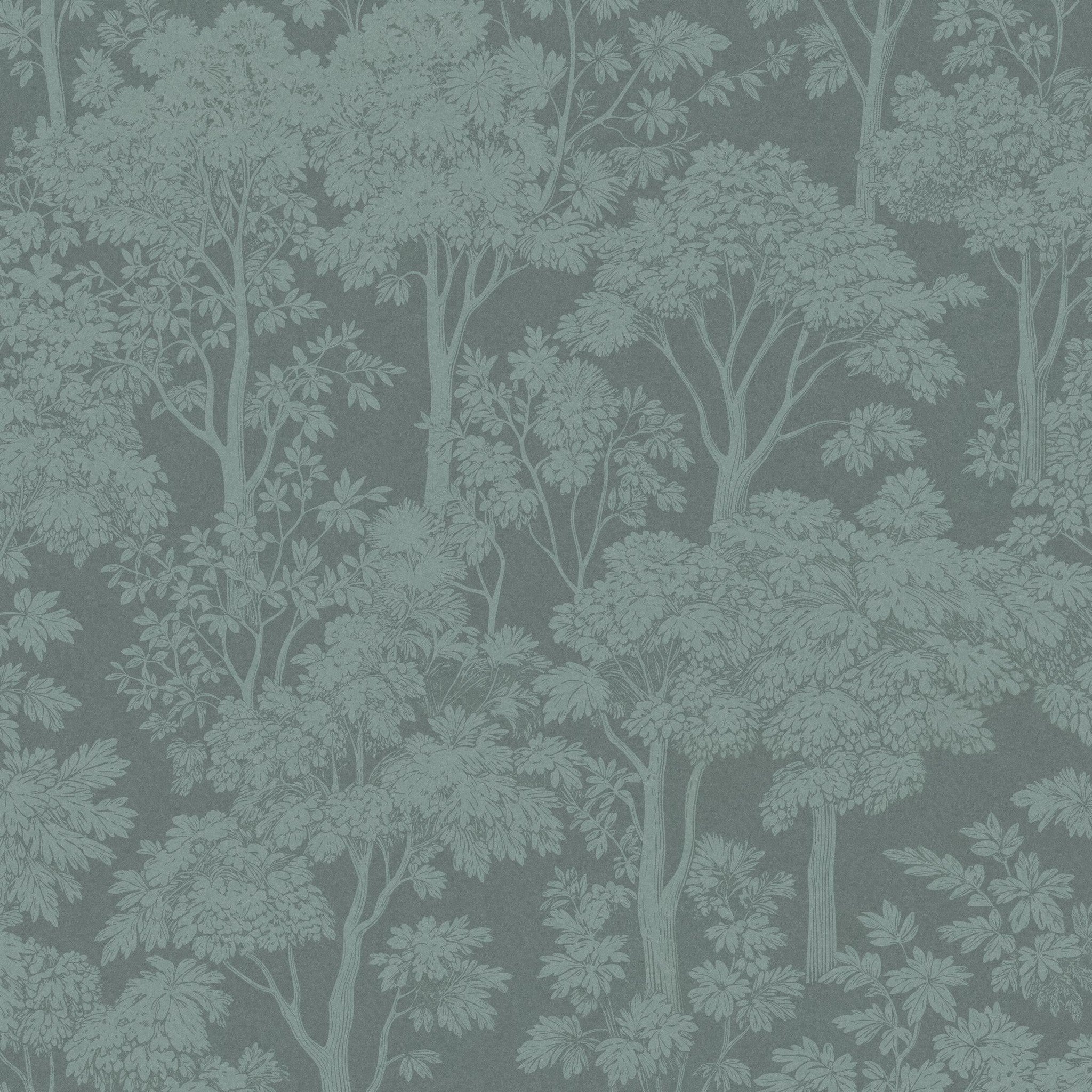 Light teal botanical wallpaper with intricate tree foliage pattern.