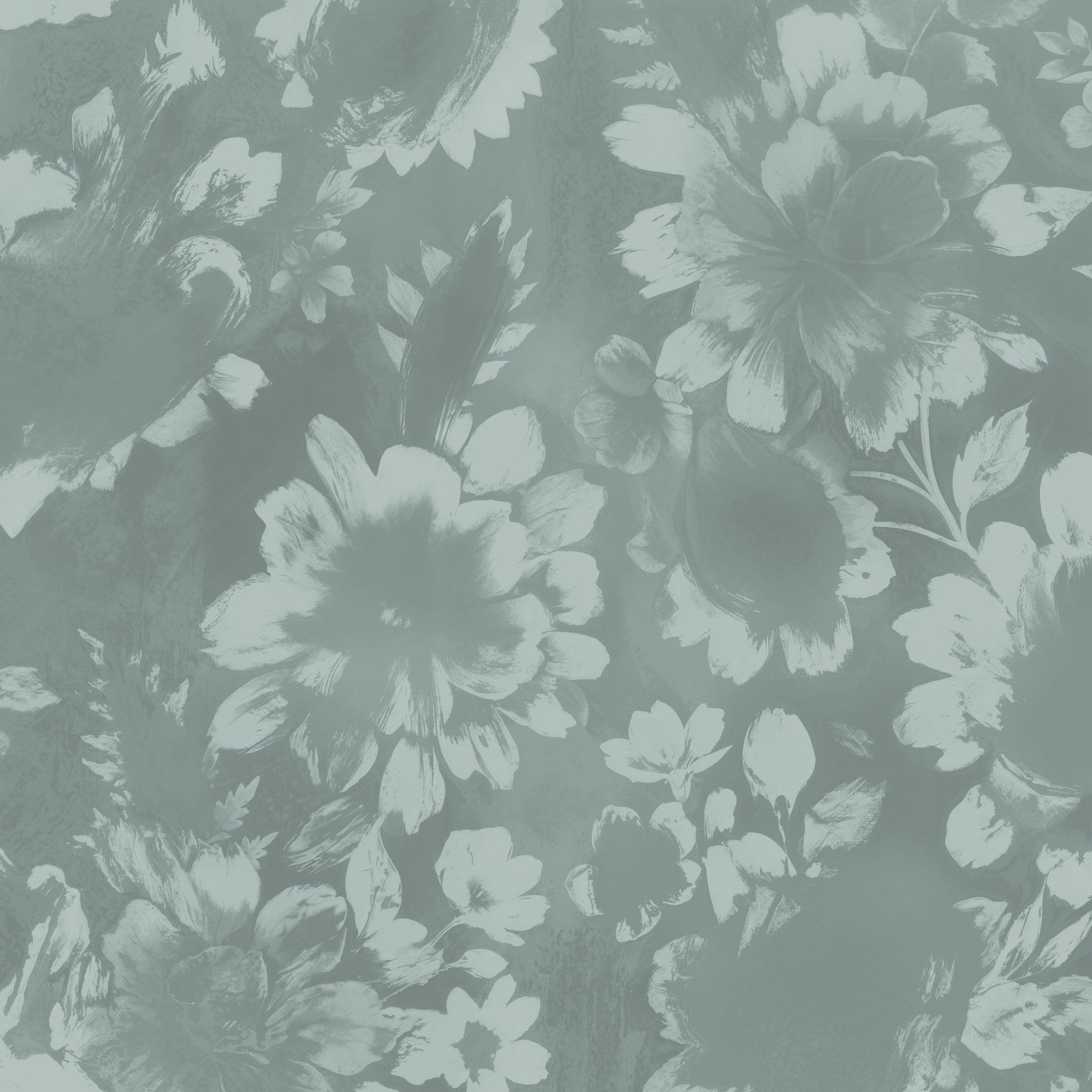 Light teal floral wallpaper with hand-painted flowers and leaves in a serene design.