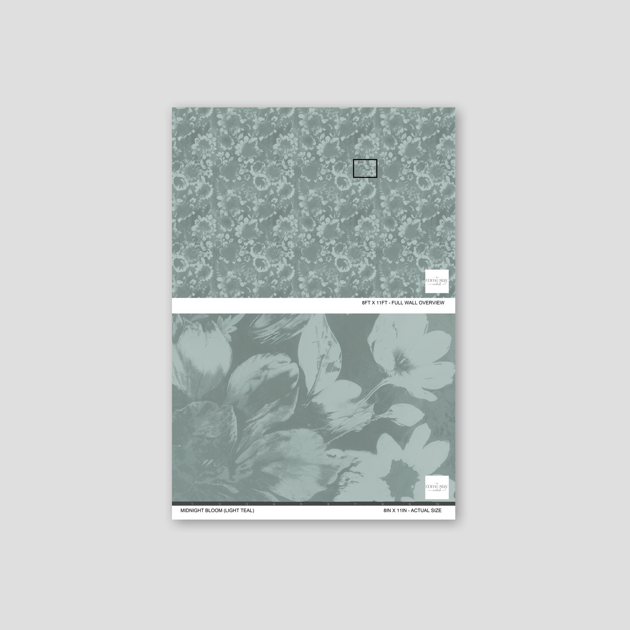 Light teal floral wallpaper sample with delicate botanical patterns.