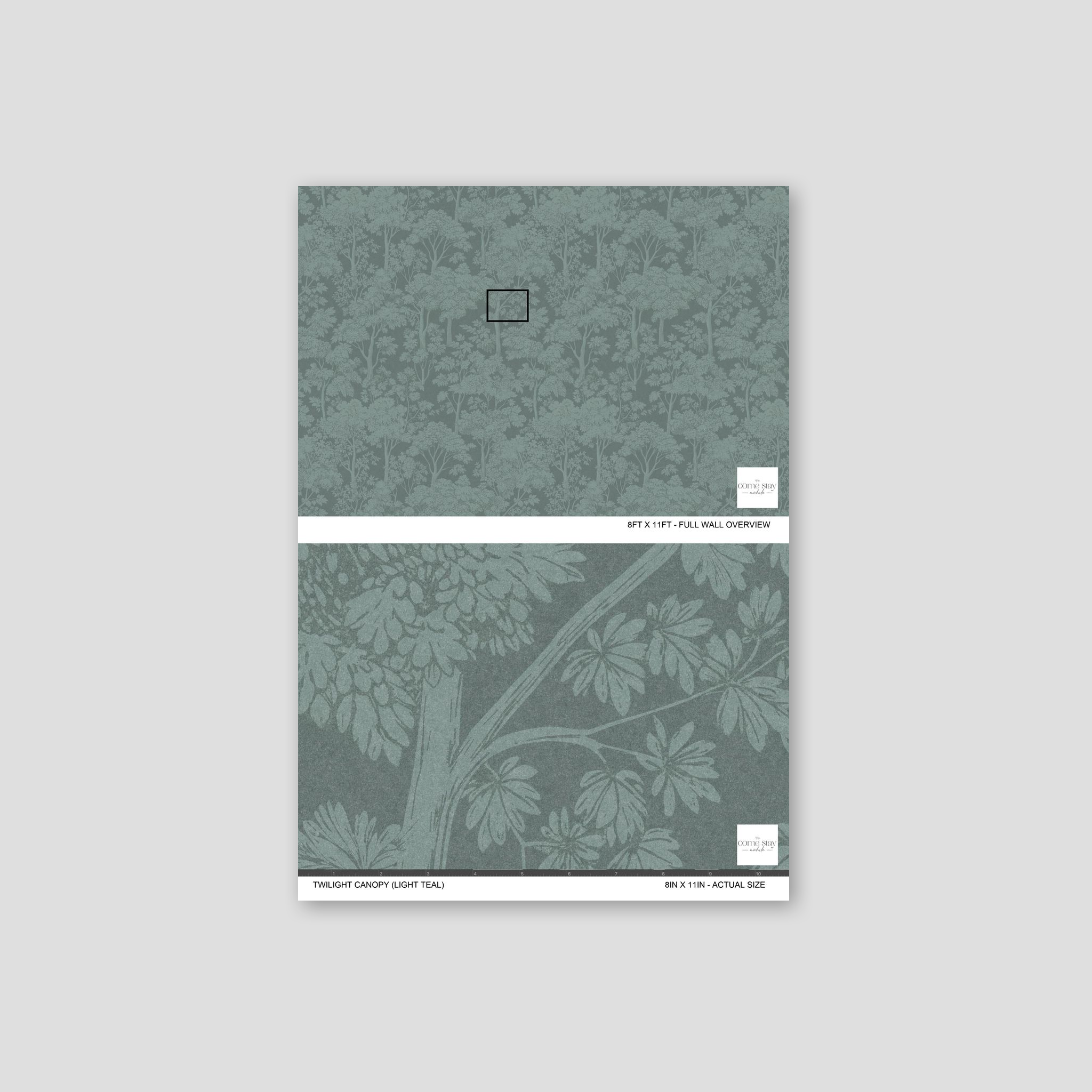 Light teal wallpaper with intricate tree and foliage pattern