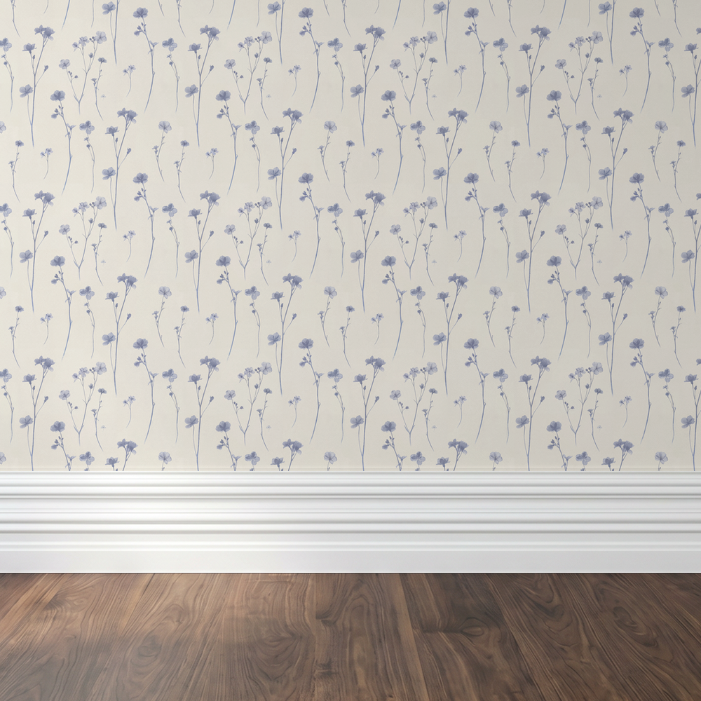Lila's Meadow wallpaper with lavender floral motifs in a serene room setting.