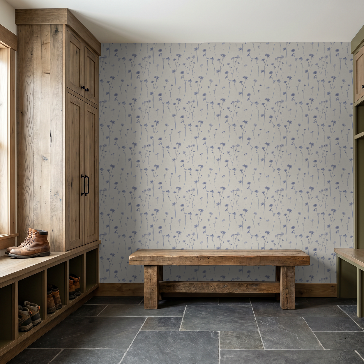 Lila's Meadow wallpaper with lavender floral motifs in rustic mudroom with wooden bench.