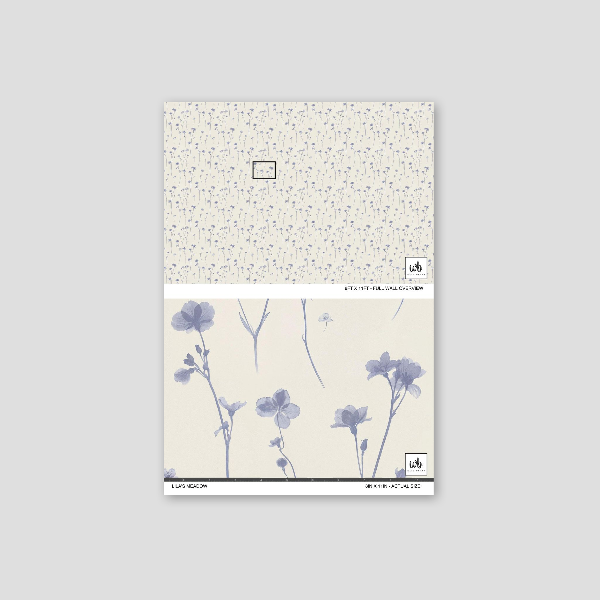 Lila's Meadow wallpaper with lavender floral patterns and delicate stems on a soft background.