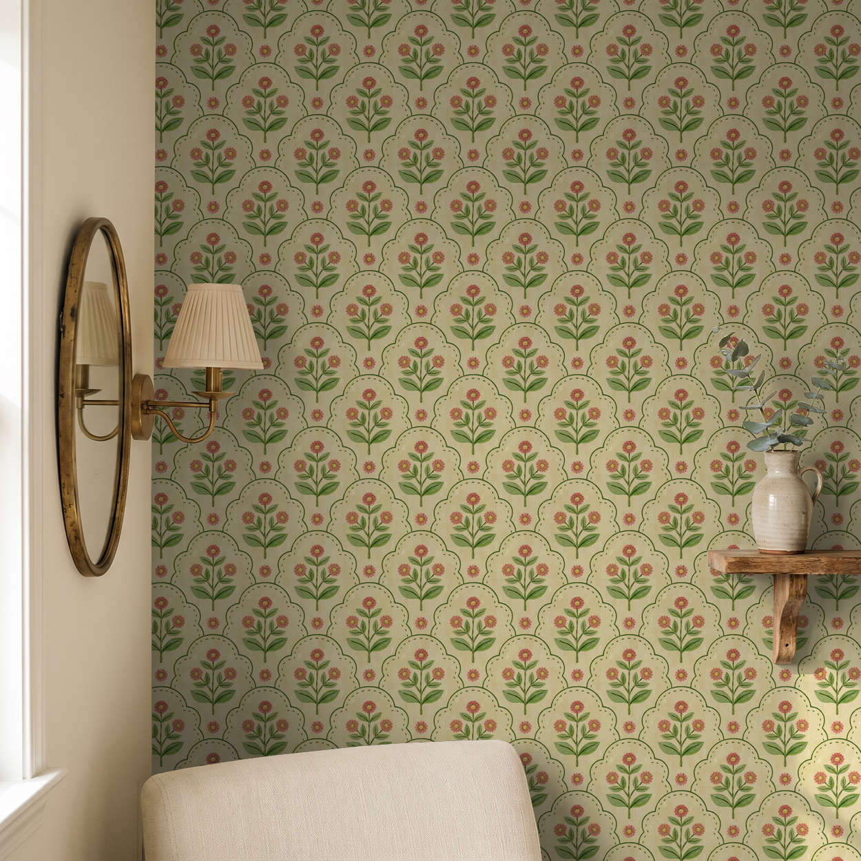 Floral wallpaper with coral and green motifs in a cozy room with mirror and vase.